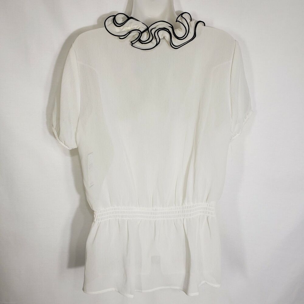 AGB Womens Top Large Ivory Sheer Ruffle Accent Button Elastic Waist Blouse - Picture 2 of 10